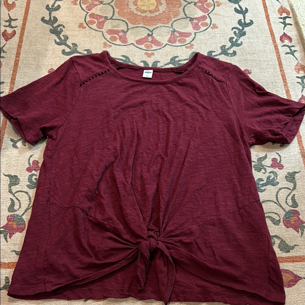 Old Navy Cropped Slub Knit Tie Hem Top, Medium, Crimson Cranberry
